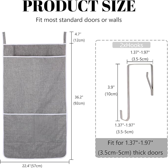 XL Hanging Laundry Hamper Bag, Door Hanging Hamper with Front Pocket Dirty Clothes Hanging Laundry Bag Large Size 36X22 inch, Over Door Hamper