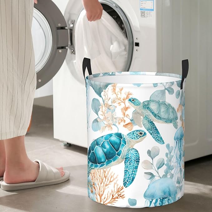 Sea Turtle Ocean Laundry Hamper, Collapsible Storage Basket with Handles for Clothes, Bedroom, Bathroom 19.6 x15.7 Inch
