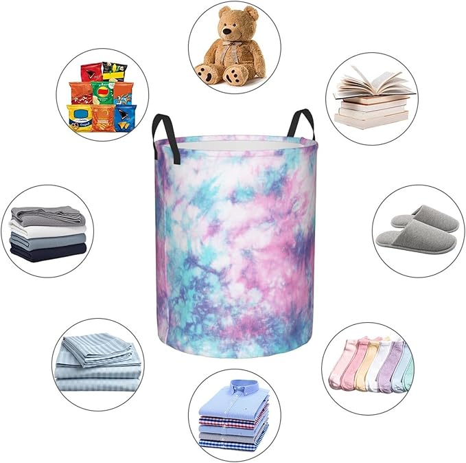 Dujiea Pastel Blue Pink Tie Dye Laundry Basket Round with Handle, Collapsible Foldable Canvas Storage Bin Dirty Clothes Bag for Laundry/Toys Organizer/College Dorm/Nursery/Decor(2 Sizes)