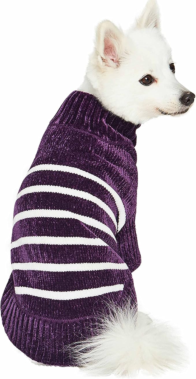 Blueberry Pet Cozy Soft Chenille Classy Striped Dog Sweater in Dark Plum, Back Length 18", Pack of 1 Clothes for Dogs