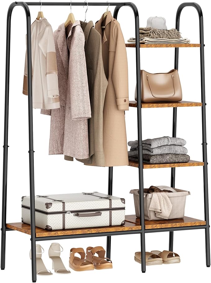 SogesHome Free Standing Clothing Rack, Standing Coat Rack Garment Racks with 3-Tier Storage Shelves for Bedroom, Entryway, Vintage Brown