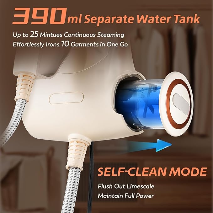 Handheld Steamer for Clothes, 1500W Garment Steamer Steam Iron with Large Soleplate, 390ml Detachable Water Tank, 2 Steam Levels/Pulse Steam/Dry Iron, 20s Heat Up, for Apartment/Hotel/Home