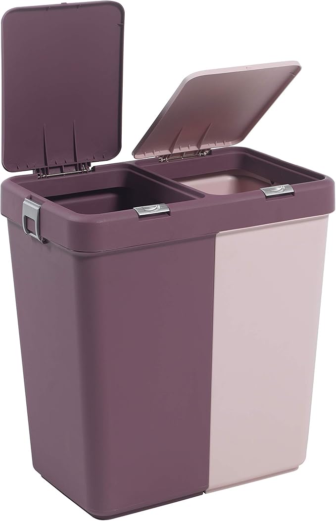 Mabel Home Plastic Laundry Basket with Lid, 2 Sections, Large Laundry Basket (Extra Trash Bin (1.6 Gallons) inc. Purple Pink)