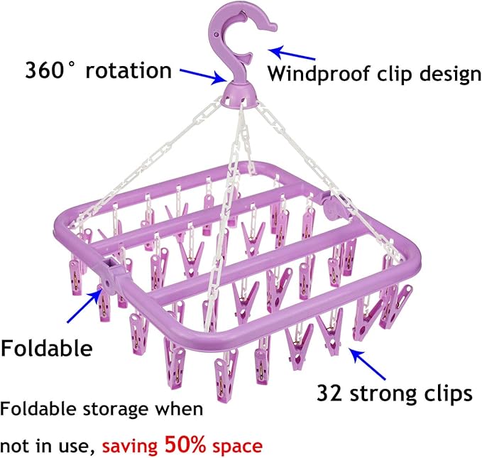 Laundry Hangers with 32 Clips,Clothespin Rack Foldable Laundry Drying Rack Drip Hanger for Drying Socks,Bras,Towel,Underwear,Hat,Scarf,Pants,Baby Clothes,Cloth Diapers,Gloves (Purple)