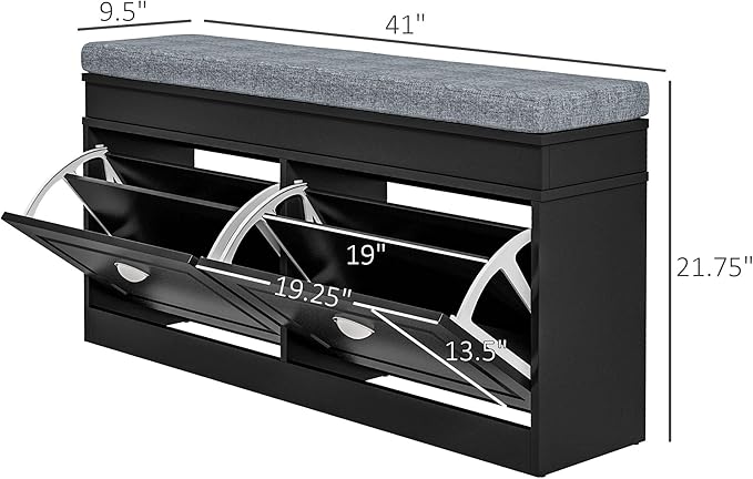 HOMCOM Modern Shoe Rack Bench for Entryway, Storage Organizer with Cushion, 2 Drawers, Adjustable Shelf, Holds 8 Pairs, Black