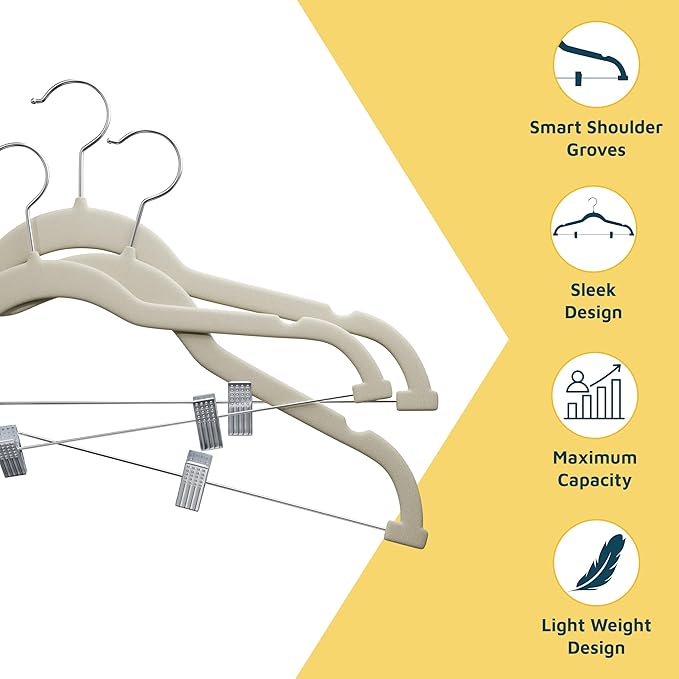 Lifemaster Velvet Skirt Hangers – with Adjustable Clips, 360 Degree Swivel Hook, and Non-Slip Shoulder Notch, Holds Up to 10 lbs, for Organizing Skirt, Pants, Dress, and Clothes, Pack of 20, Ivory