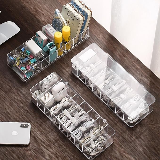 2Pcs Clear Cable Management Box with Lid, 26x9x5.5cm, Desktop Cord Organizer with Compartments (2, 10.2 x 3.5 x 2.2)