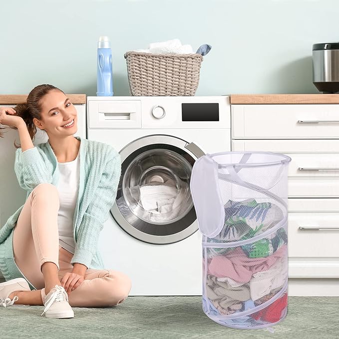 BATTOO 2 Pack Large Collapsible Laundry Basket with Lid Foldable Mesh Pop Up Hamper with Handles for Laundry Room, Bathroom, Kids Room, College Dorm, Travel, Storage Organizer Black+White
