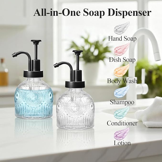 SheeChung Vintage Soap Dispenser, Kitchen Dish Soap Dispensers with Pump Mat, Glass Hand Soap Dispenser for Bathroom, Liquid, Lotion, Refillable, Rustic Farmhouse Decor-Clear (Black Pump, 2 pk)
