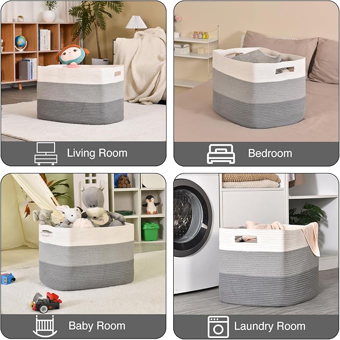 Extra Large Blanket Basket Living Room, Rectangle Storage Basket, Large Woven Baskets for Storage, Cotton Rope Basket for Toys, Clothes, Gradient Grey - 25”x16”x16” (105L)