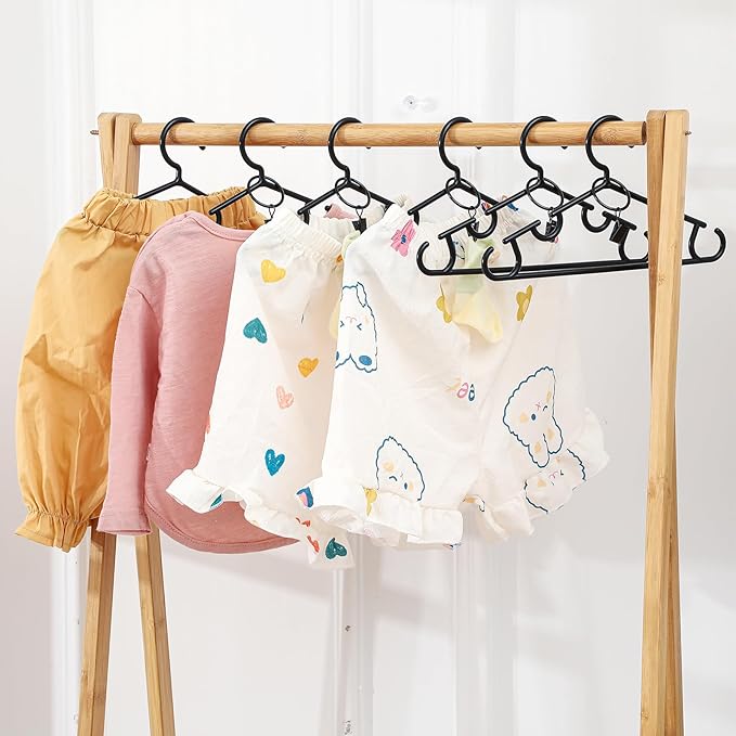 Hsei 30 Packs Nursery Baby Hangers with Ring Clips, Toddler Hangers, Kids Plastic Clothes Hanger for Infant Children Pants Closet Coat Skirts Socks (Black)