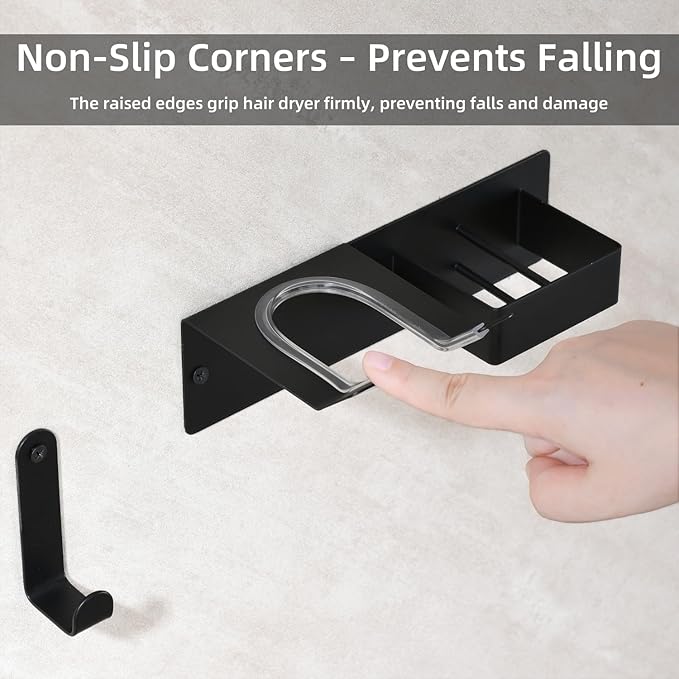 Hair Dryer and Straightener Holder, Upgraded Hair Straightener Holder with Cable Hook, Stainless Steel Universal Hair Dryer Wall Mount Waterproof for Bathroom Space-Saving Black