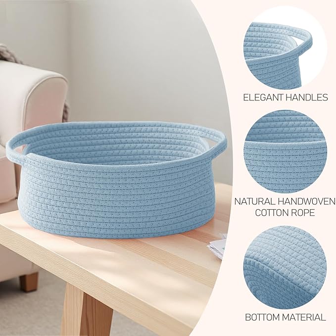 Woven Basket,Small Rope Storage Bin with Handles & Ribbon Bag, Organizer for Shelves Closets,Gift Basket Empty for Birthday,Books,Dog Toys, Blue
