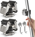 3-H Magnetic Broom Holder 4 Piece, 304 Stainless Steel Broom Holder Wall Mount, No Drilling Magnetic Tool Holder with 2 Mini Magnetic Hooks for Garage Garden Laundry Kitchen, Silver