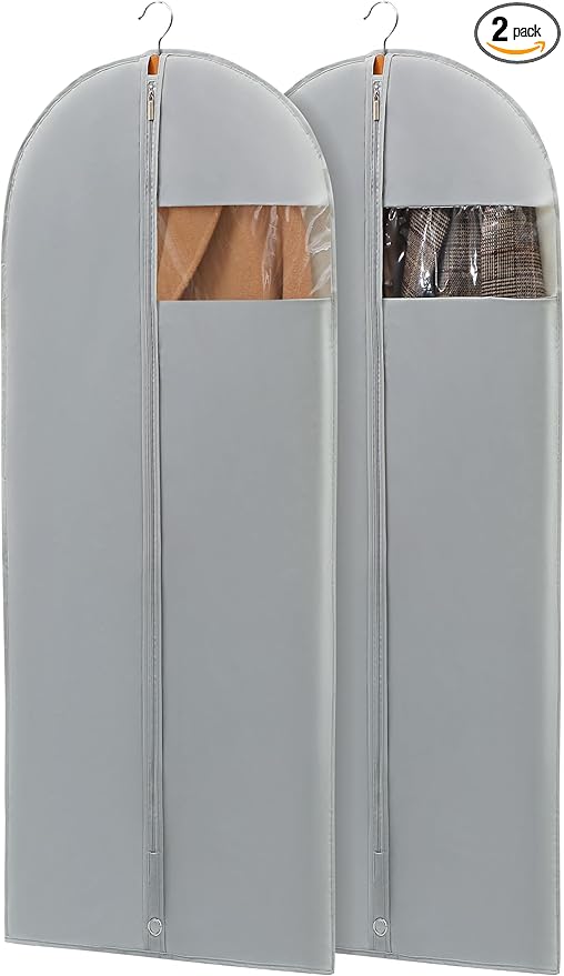 Dress Bags for Gowns, 65'' Long Garment Bags for Hanging Clothes, Dress Garment Bag, Grey Dress Cover with Clear Window for Dresses, Coats, Uniforms - 2 Pack