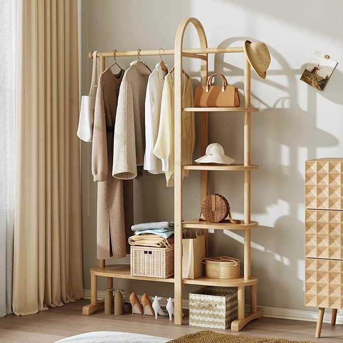 Solid Wood Clothing Rack with 4 Shelves Storage and 5 Wooden Hooks Clothes Rack,Multi-functional Coat Rack for Clothes, Shoes, Bags, Coat rack for Bedroom Entryway Living Room Hotel,Burlywood