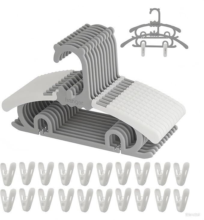 Baby Kids Clothes Hangers with Clips, 10 Pack Toddler Infant Childrens Hanger for Closet, Plastic Adjustable Stackable Hangers for Baby Clothes, Grey
