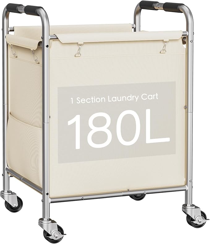 Laundry Basket with Wheels, Rolling Laundry Sorter Cart with Side pockets,47.6GAL(180L) Rolling Laundry Hamper with Removable Bag and Handle for Bedroom, Beige