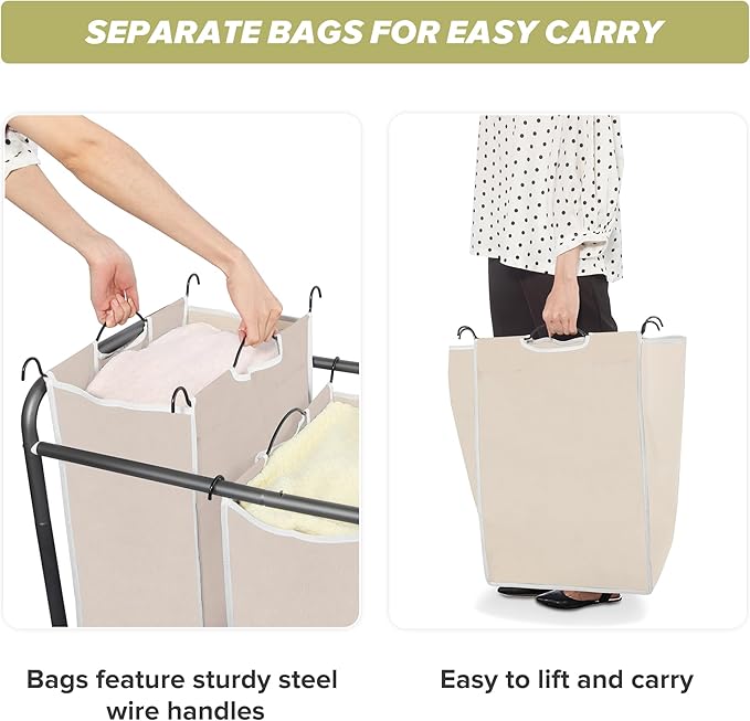 Laundry Sorter Hamper with Wheels, Heavy-Duty Laundry Sorter Rolling Cart, Lockable Wheels and Removable Bags, 4 Sections, Beige