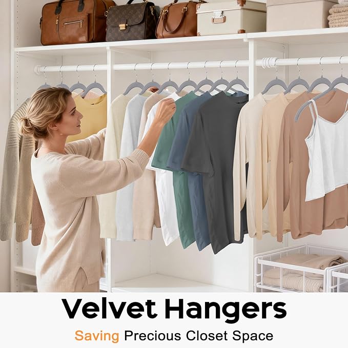 Gray Velvet Hangers 50 Pack, Non-Slip Felt Hangers with Shoulder Notches, Slim Space Saving Clothes Hangers with 360°Swivel Hook for Shirts Heavy Coats Clothes Dresses Closet(Gray)