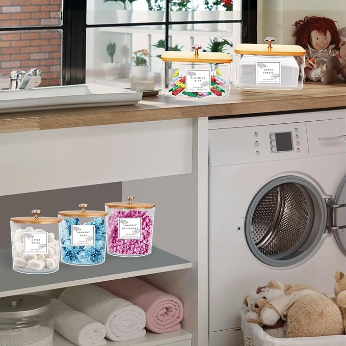 3 Pack Laundry Room Organization Storage Containers Acrylic Jars and Dryer Sheet Holder with Lids and Labels for Laundry Detergent Laundry Pods Containers Dry Sheet Organizing