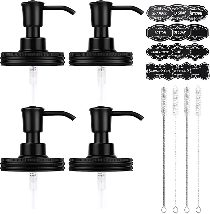 Plastic Soap Dispenser Set, 1.2CC Rustproof Pump and Lids for Regular Mouth Mason Jars, Quick Assemble Accessories for Farmhouse Kitchen Bathroom Counter Decor - 4 Pack Black