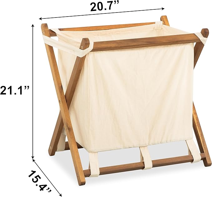 Acacia Wood X-Frame Laundry Hamper, Folding Large Wooden Baskets with Handle, Sorter for Blankets Clothes Pillows Towels, 22'' Tall Natural-Beige