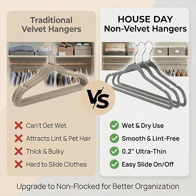HOUSE DAY Grey Plastic Hangers 50 Pack - Heavy Duty Non-Velvet Hangers with 360° Swivel Hook & Non Slip Notches - Slim Space Saving Clothes Hangers, Durable Closet Organizers for Coats Shirts Dresses