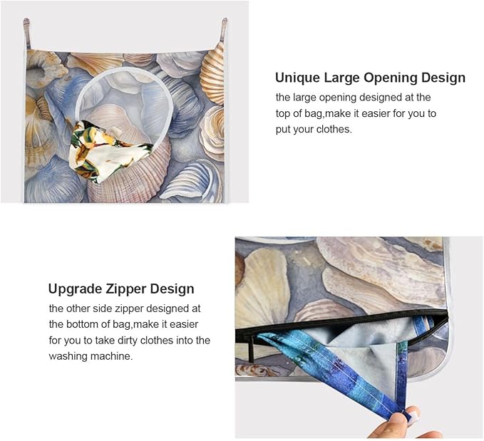 Hanging Laundry Hamper with Stainless Steel Hooks,Oxford Fabric Printing Door Laundry Clothes Bag, 29.5X20inch 1PCS Grey Shell Conch