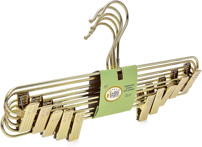 Quality Hangers 10-Pack Pant & Skirt Hanger Set - Gold With Clips - 360-Degree Metal Swivel Hook for Clothes - Anti-Rust Jean Slack & Trouser Hangers