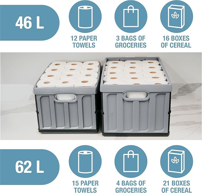 CleverMade Collapsible Storage Bins with Lids - Stone 1 Pack 62L - Plastic Container Stackable Organization Crate for Home - Closet Space-Saving Durable