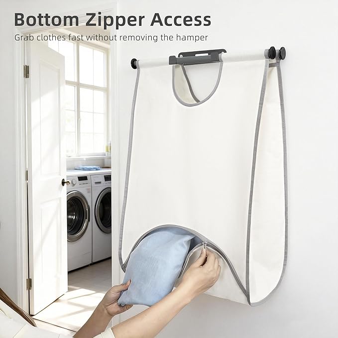 STORAGE MANIAC Wall Mount Laundry Hamper, Hanging Laundry Bag with Bottom Zipper Opening, Space Saver Dirty Clothes Hamper with Wall Anchor, Laundry Clothes Bin for College, Dorm, RV, White