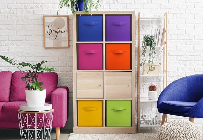 Sorbus 13 Inch Fabric Storage Cubes - Sturdy Collapsible Bins With Handle - 6 Foldable Baskets for Organizing Clothes, Toys, Books - Multi Colored Storage Baskets for Shelves, Kids Room, Closets