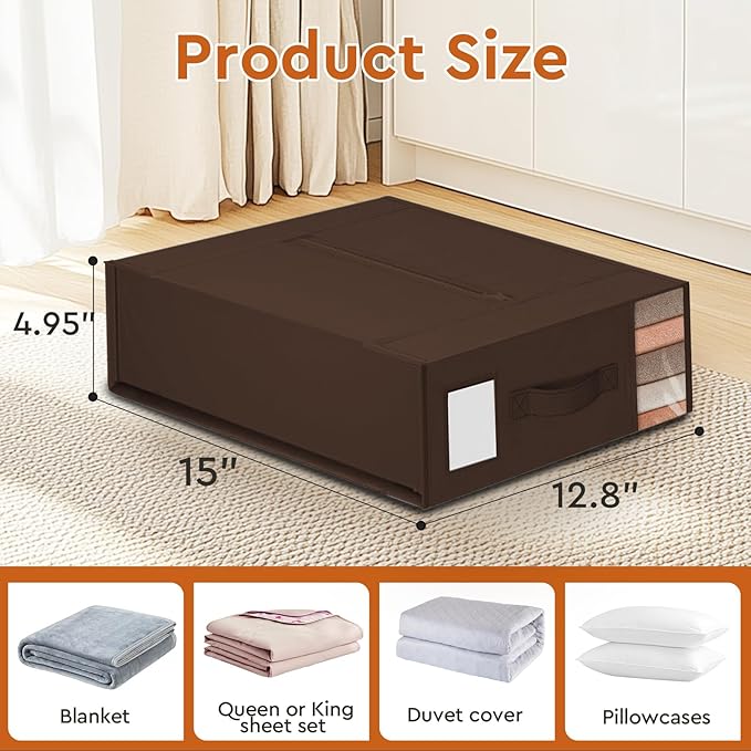 6 Pack Bed Sheet Closet Organizers and Storage,Sturdy Foldable Storage Containers with Window and Label,Storage and Organization for Bedding Sheets,Duvet Covers,Blankets (Brown)
