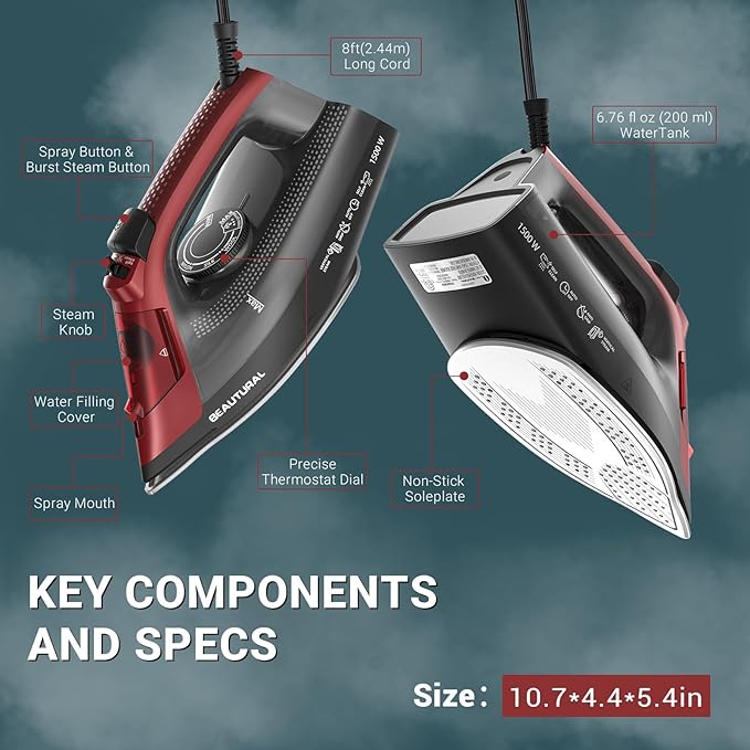 BEAUTURAL Steam Iron for Clothes, Ceramic-Coated Soleplate with Burst Steam, 3-Way Auto Shutoff, Anti-Drip and Anti-Calc, Self-Cleaning, 1500W Powerful for Home Use
