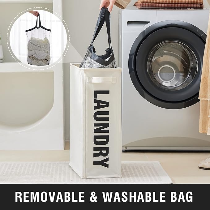 Slim Laundry Hamper with Removable Inner Bag and Side Handles, 45L Small Laundry Baskets to Store Clothes, Narrow Dirty Clothes Hamper for Laundry Room, Bathroom, Bedroom, and Living Room - Beige