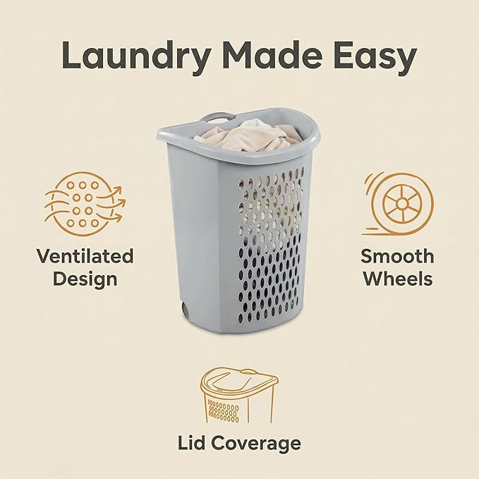 Gray Laundry Basket with Rolling Wheels,Extra Large Huvy-duty Plastic Laundry Hamper with Lid & Retractable Handle suitable Families, Dormitories, Laundry Rooms
