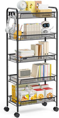 TOOLF 5-Tier Metal Utility Cart with 3 Hooks, Easy Assemble Mobile Storage Trolley On Wheels, Metal Shelving Units Kitchen Bathroom Laundry Room