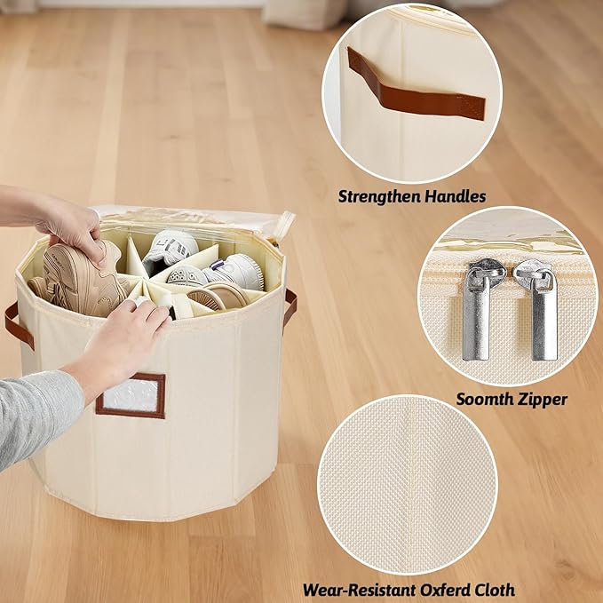Shoe Organizer Round for Closet - Foldable Shoe Storage Bin with Clear Lid, Compact Zapateras Sandals Tall Boots Organizer Box for Mudroom Small Spaces Under Bed - 16.9"×13"