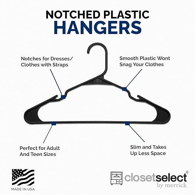 Plastic Hangers 50 Pack - Space Saving Clothes Hangers, Made in USA, Durable & Strong Plastic Shirt & Coat Hanger with Notches & Shoulder Grooves, Non-slip Clothing Hangers | Black