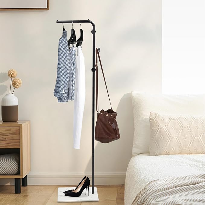 67in-Black Clothing Rack with Storage Base and Hooks, Freestanding Coat Rack Hanging Clothes, Bags, Hat and Shoes for Entryway Bedroom Garment Organizer Clothing Stores Boutique Retail