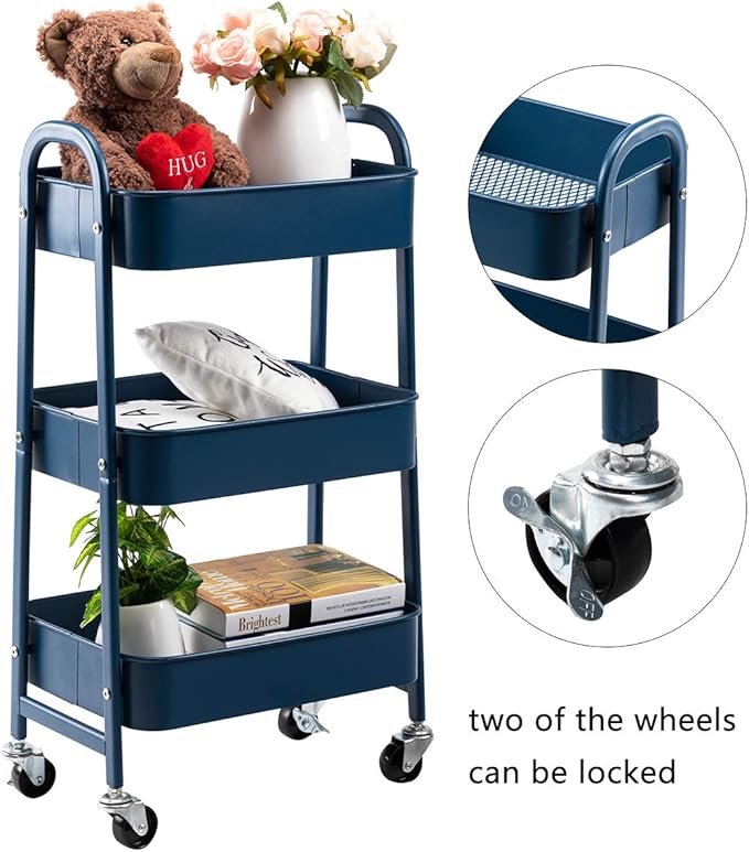 AGTEK 3 Tier Utility Rolling Cart with Lockable Wheels, Metal Multifunctional Storage, Organizer Cart for Kitchen, Office, Living Room, Makeup, Craft, Art Studio,Navy Blue