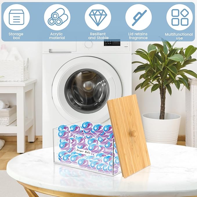 Acrylic Dryer Sheet Holder, Clear Dryer Sheet Container with Bamboo Lid and Labels, Dustproof Laundry Pods Container, Dryer Sheet Dispenser Box for Laundry Room Organization and Storage