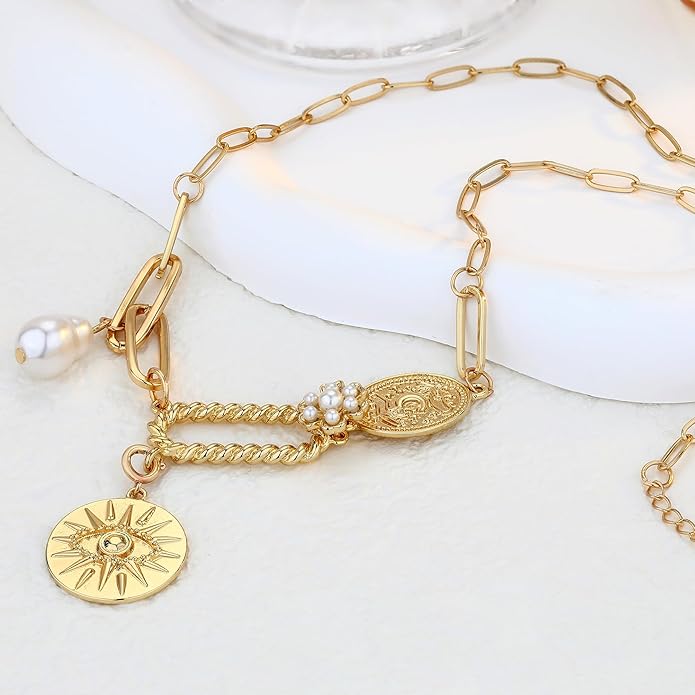 Chunky Gold Necklace for Women Gold Evil Eye Cowboy Pendant Necklace Dainty Paperclip Chain Vintage Luck Amulet Choker Necklaces Celestial Jewelry Gift