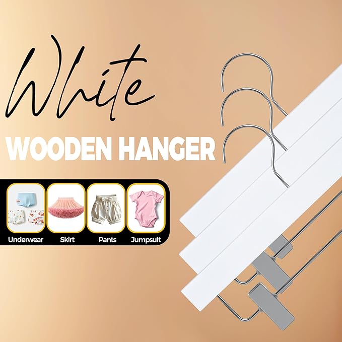 Quality 12-Inch Ultra Slim Kids Wooden Hangers – 20-Pack – Space Saving White Design with Nickel Swivel Hook – for Baby Clothes, Shirts & Dresses (White, Skirt/Pant, 20 Pack)