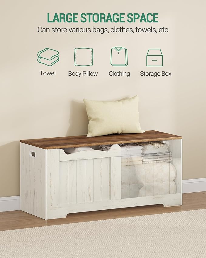 43.3" Storage Chest, Extra Large Storage Bench Trunk with 2 Hinges, Wooden Box, Lift-Top Chest Organizer, Shoe Bench for Entryway, Bedroom, Living Room, White and Brown SB25514X