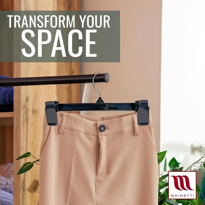 Mainetti Black Plastic Clothes Hangers 100 Pack | 12-Inch Space Saving Hangers with 360 Swivel Metal Hook & Non-Slip Clips | Closet Hangers Ideal for Pants, Skirts, Slacks and Shorts (6012BRSEMN100)