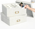 Decorative Photo Storage Box - 2 Pack Linen Photo Box Organizer with Dividers, Fits Holds Up to 1700 Pictures and 4x6 Photos, Memory Keepsake Organizer for Scrapbook Supplies, Cards, Stamps (Beige)