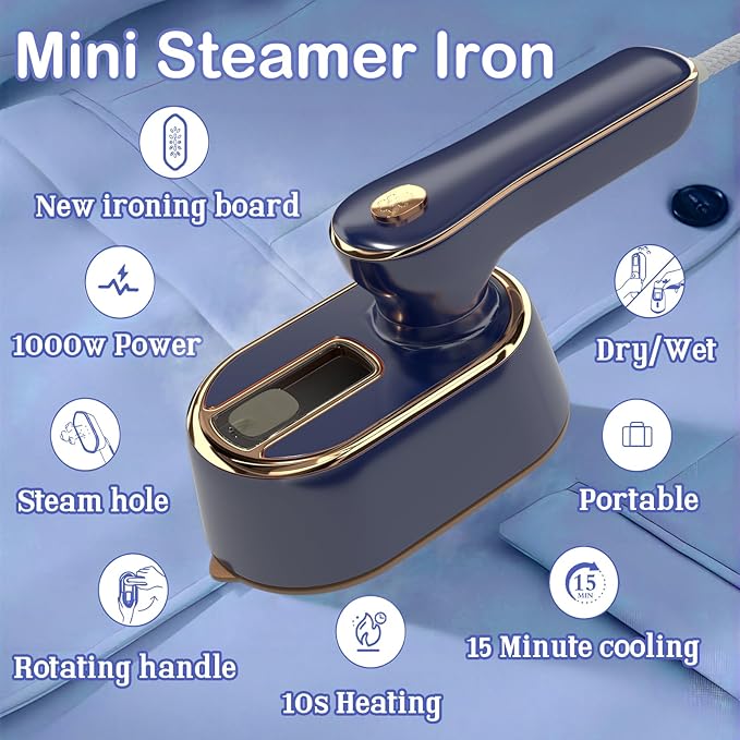 Travel Steamer Iron for Clothes - Portable Ironing Machine Small Size Portable Steamer Travel College Dorm Home Essentials (Blue)
