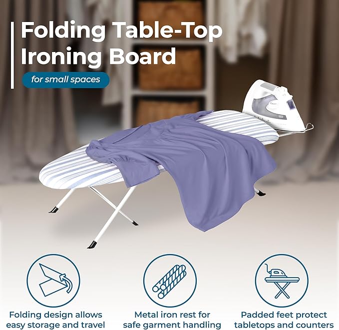 Honey-Can-Do Folding Tabletop Ironing Board with Iron Rest, Blue, 32” L x 12” W, Steel Frame